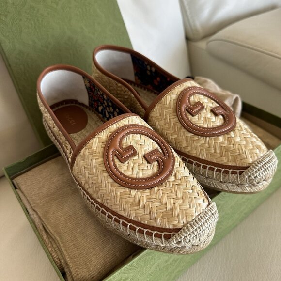 NEW GUCCI || Adela GG Raffia Espadrilles Brown Leather Logo EU 39 US 9 Shoes - Picture 9 of 11
